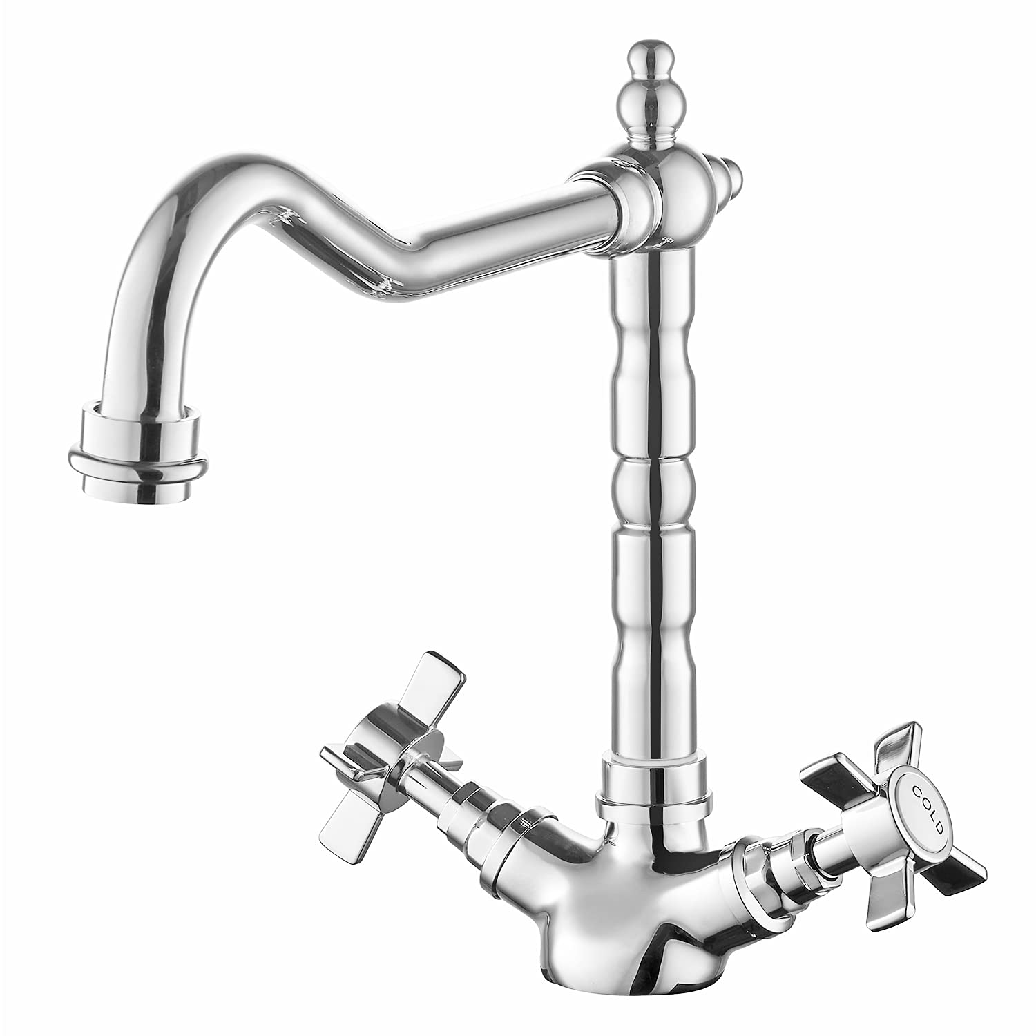 JASSFERRYFrench Classic Mixer Tap Traditional Crosshead Handles Monobloc Kitchen Sink Faucet with Swivel Spout Chrome Polished