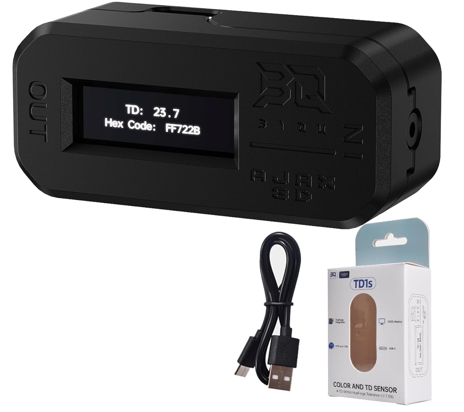 BIQU AJAX TD1S tester filamentu, kompatybilny z Bambu-Lab do drukowania wielokolorowego, obliczania odległości transmisji i kodu hex kolorów, integracja HueForge, Plug and Play, wyświetlacz OLED w