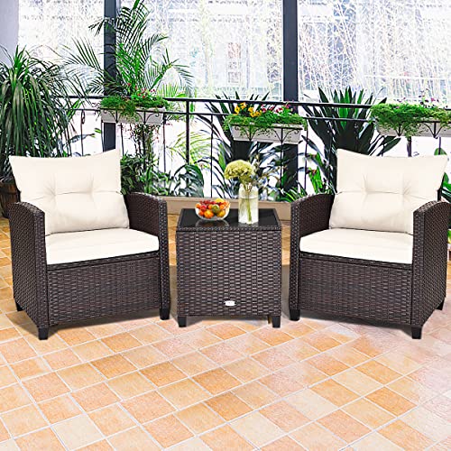 GIANTEX Rattan Gartenmöbel Set, Balkonmöbel Kleiner Balkon, Lounge Gartenmöbel Set, Balkon Möbel für 2 Personen, Gartenlounge Set 2 Sessel & Tisch, 3 tlg. Gartensitzgruppe inkl. Sitz- und Rückenkissen