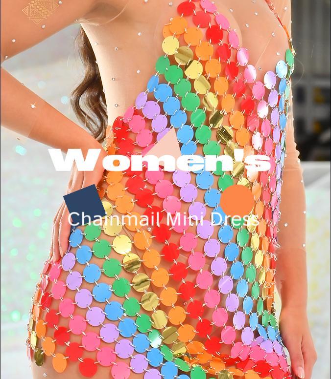 knee length dresses for ladies Rainbow Sequin Dress – Rainbow Chainmail Halter Dress – Victray main image 0