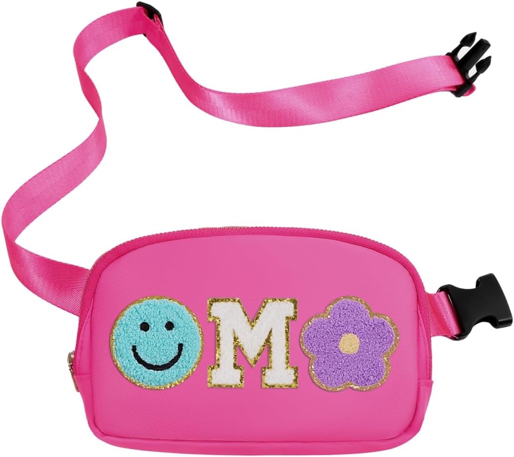 Fanny Pack For Girls Pink Kid Crossbody Bag Chenille M Letter Preppy Belt Bag, Christmas Birthday Graduation Gifts For Girl Teen Daughter Sister, Personalized Nylon Fanny Packs