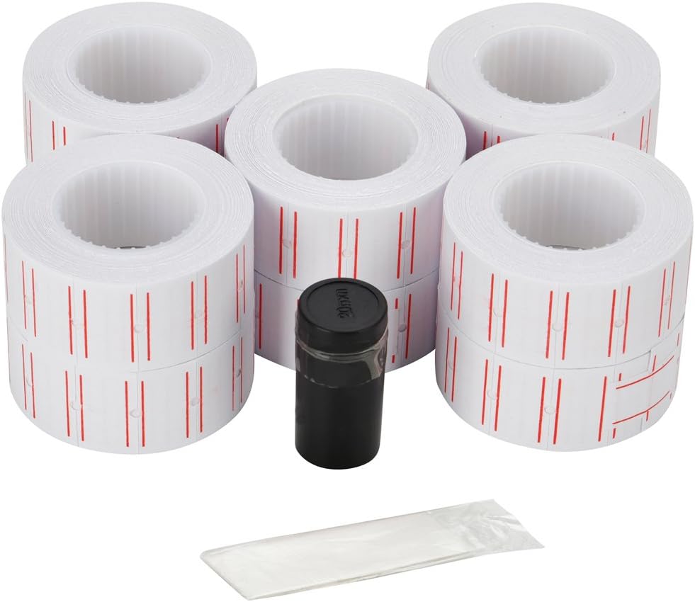 MFLABEL 10 Rolls 6000 White Price Gun Labels for Mx-5500 - with Double Red Line Visibility, Refill Ink Roll & Disposable Gloves for Easy Loading