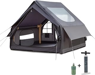 Inflatable Camping Tent, with Electric Air Pump, 4 Season Waterproof Windproof, Clear Skylight & 420D Oxford Waterproof, Air Tent with Mesh Windows/Doors