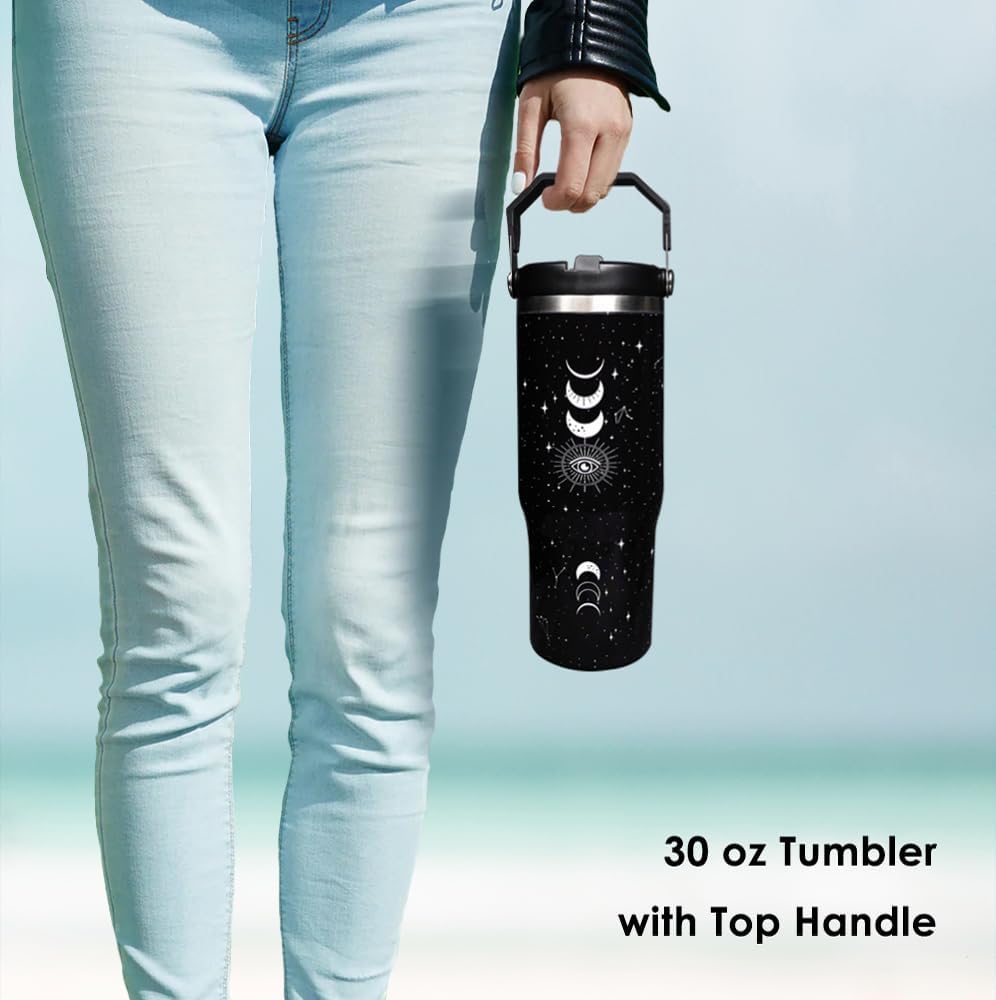 30 oz Bohemia Flip Straw Tumbler with Top Handle - Reusable Vacuum Insulated Flip Top Water Bottle for Home, Office, Car