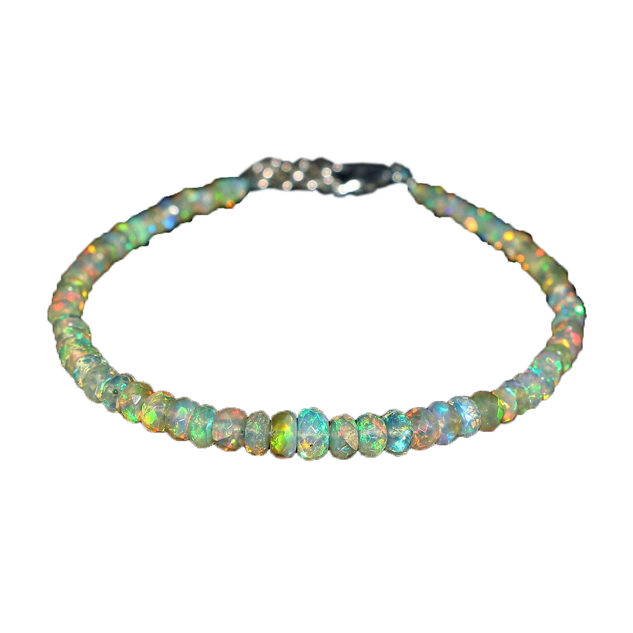 925 Sterling Silber 3 mm bis 7 mm natürliche äthiopische Welo Feueropal facettierte Rondelle Edelstein Perlen Armband für Frauen | AAA-Qualität Opal perlen | 7-Zoll-Opal-Armband | Opalschmuck