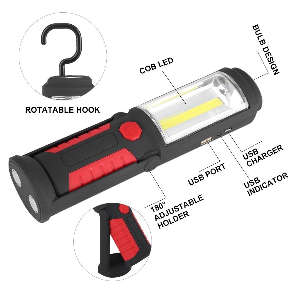 Lampade di Ispezione da Lavoro Ricaricabile USB Torcia Lanterne LED COB Luce di Lavoro Lanterne Torcia Campeggio Esterno Lampada con Rotonda Tenda con Supporto Magnetico 180 Gradi di Rotazione (rosso)