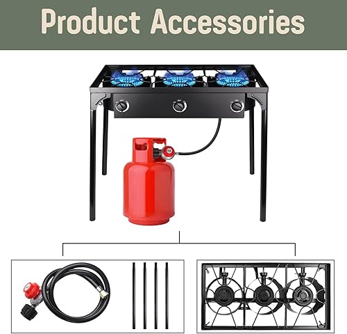 Miniatura 8 de Estufa para exteriores, 3 quemadores, estufa de campamento de gas propano de alta presión con patas desmontables, perfecta para camping patio
