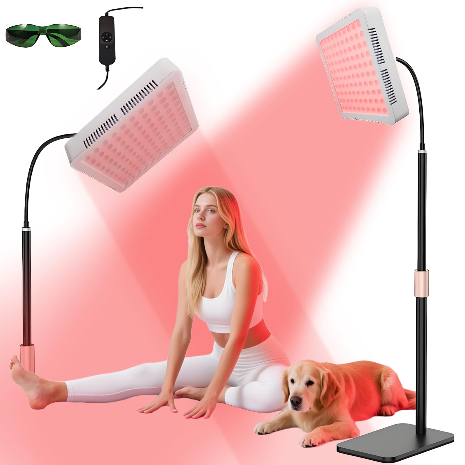 Lampa do terapii światłem czerwonym do panelu światła na podczerwień, podwójna długość fali 660 nm/850 nm, 100 diod LED z regulowaną jasnością stojaka i timerem, elastyczna gęsia szyja 360°, do użytku