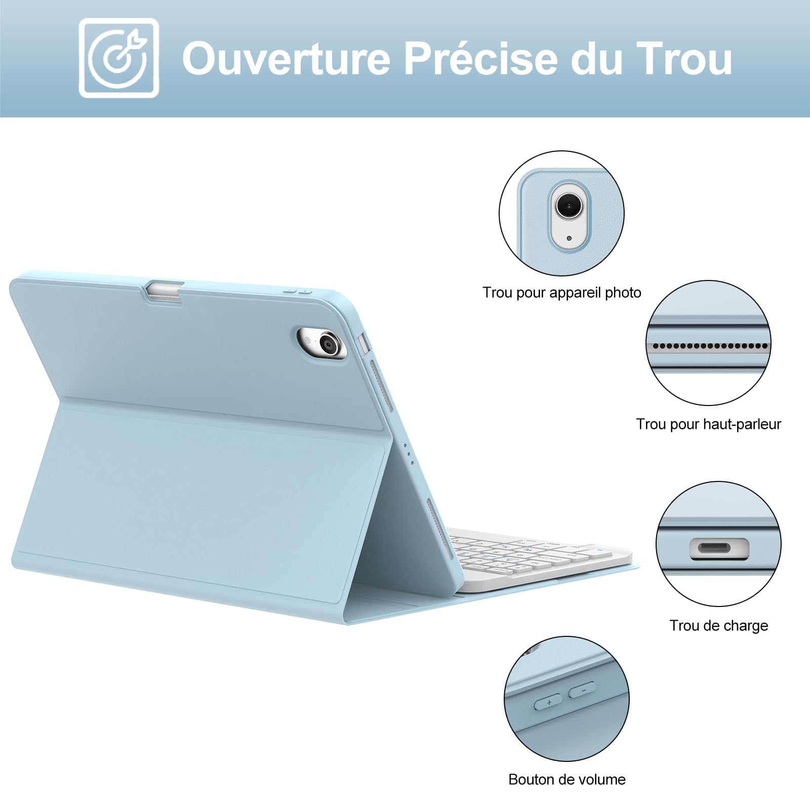 Funda teclado para iPad Air de 11 pulgadas (M3 2025, M2 2024), AZERTY francés funda teclado Bluetooth magnética desmontable con soporte para tablet iPad Air de 10,9" (5e/4ª generación), azul cielo
