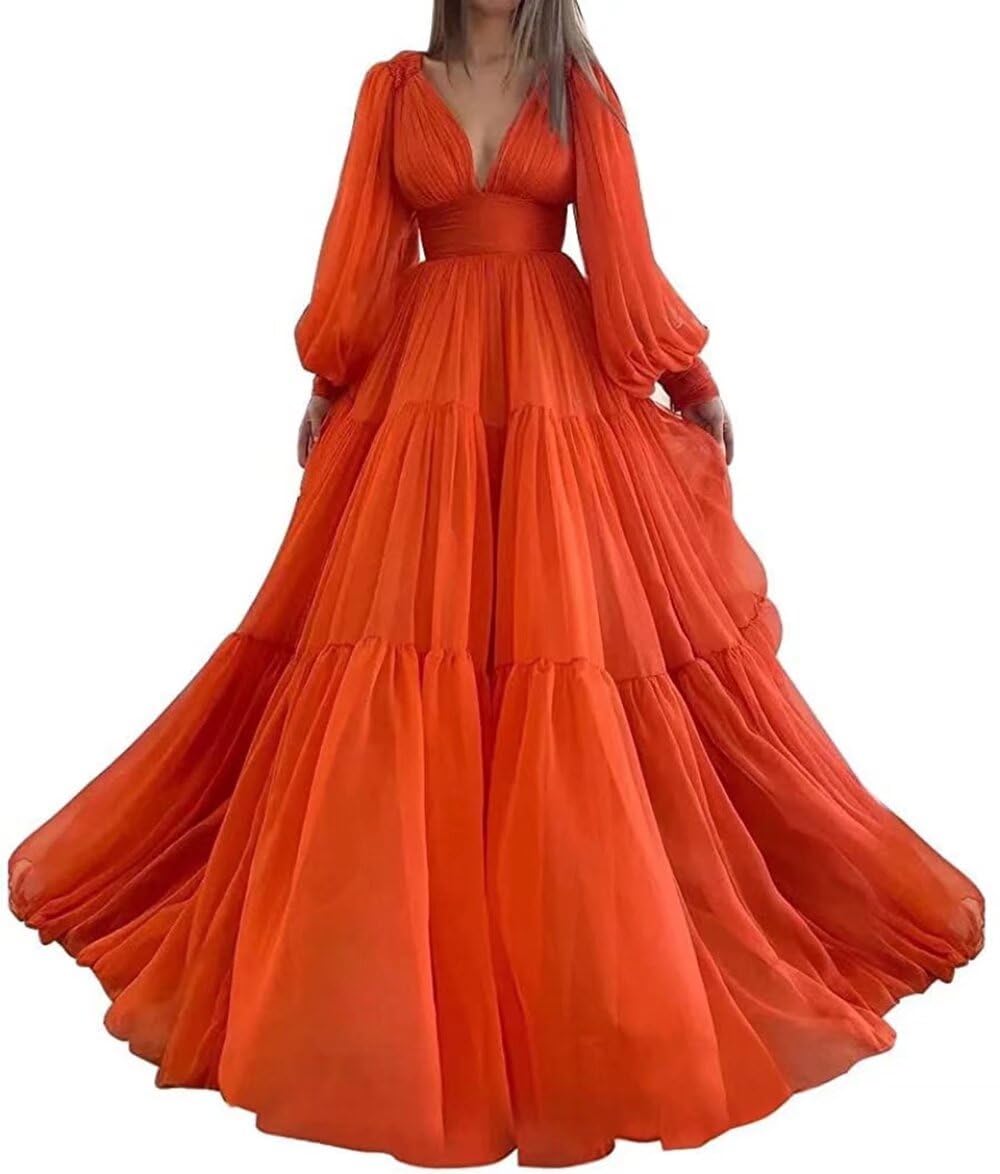 CAICAIMALL Long Sleeve Tulle Prom Dress - V Neck, Puffy Sleeves, A-Line Maxi Gown, Back Lace-Up, Plus Size 18 (Orange) - View #8