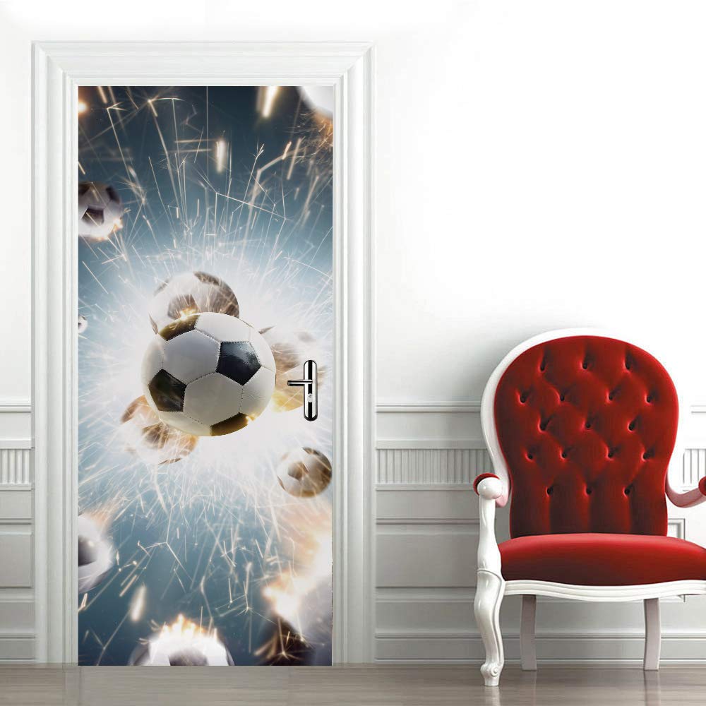 Sticker porte trompe l'oeil 3D football 83x204 cm pour déco murale