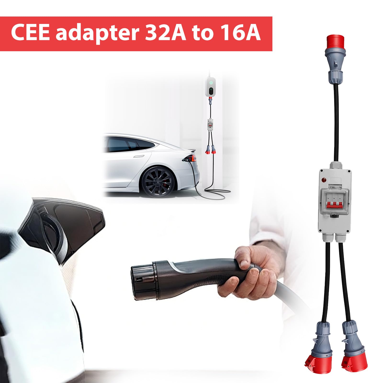 Adapter CEE, wtyczka CEE 5-biegunowa, 32 A do 16 A, 0,5 m na każdym końcu, H07RN-F, 5 x 2,5 mm², rozdzielacz prądu, na kemping, przewód adaptera CEE, pyłoszczelny i wodoszczelny, do samochodów