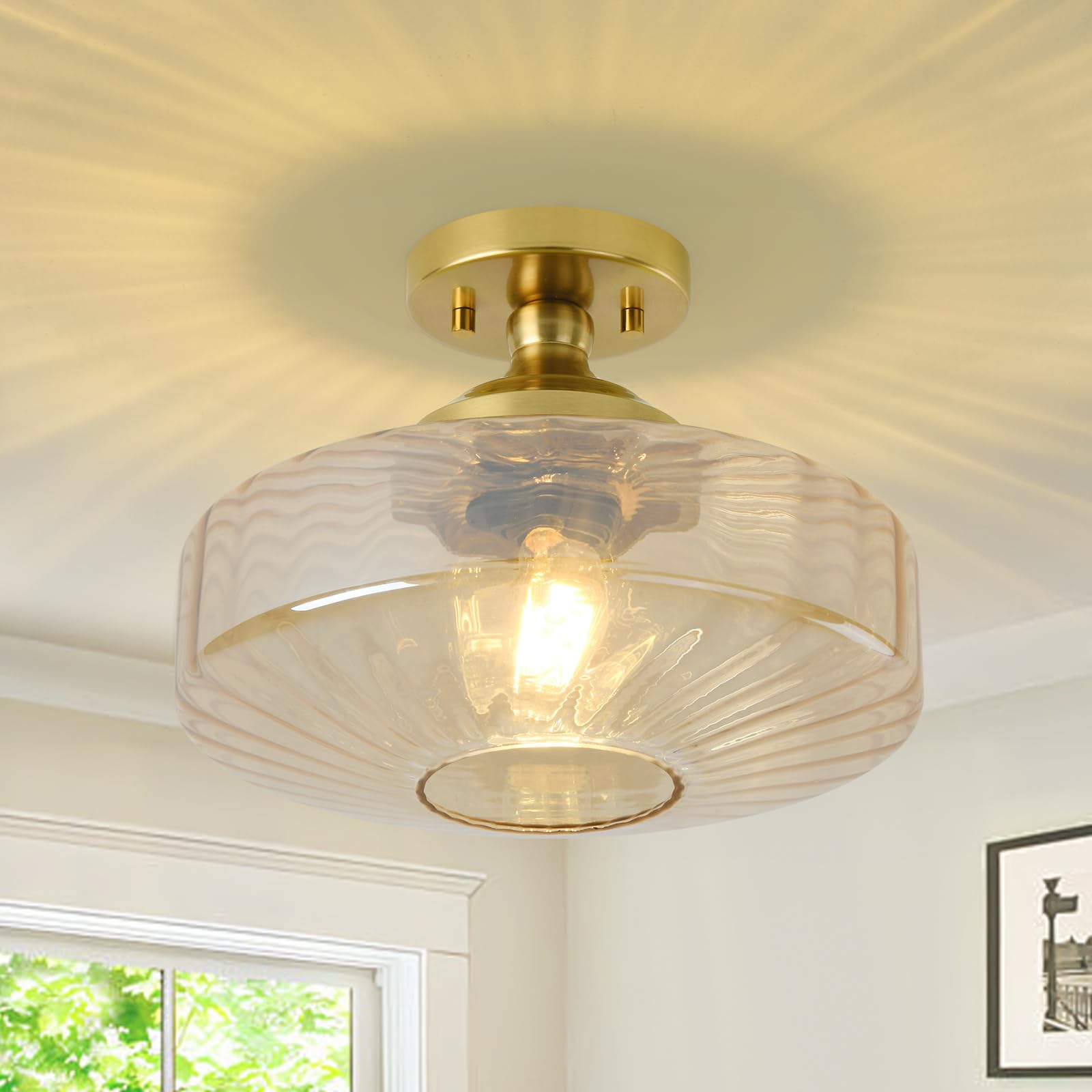 Amber Glass Semi Flush Mount Ceiling Light 11 8in Hallway Light Fixtures Ceiling Mount Vintage Thick Glass Lighting