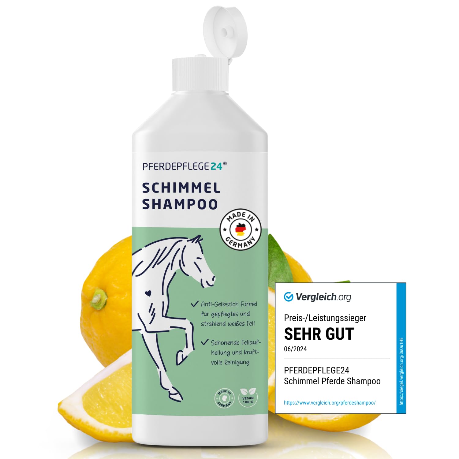 Pferdepflege24 Schimmel Shampoo Pferde 500ml - Sanfte Reinigung die Verfärbungen Verschwinden lässt - Anti Gelbstich Pferdeshampoo für schonende Fellaufhellung, Intensive Reinigung & Pflege
