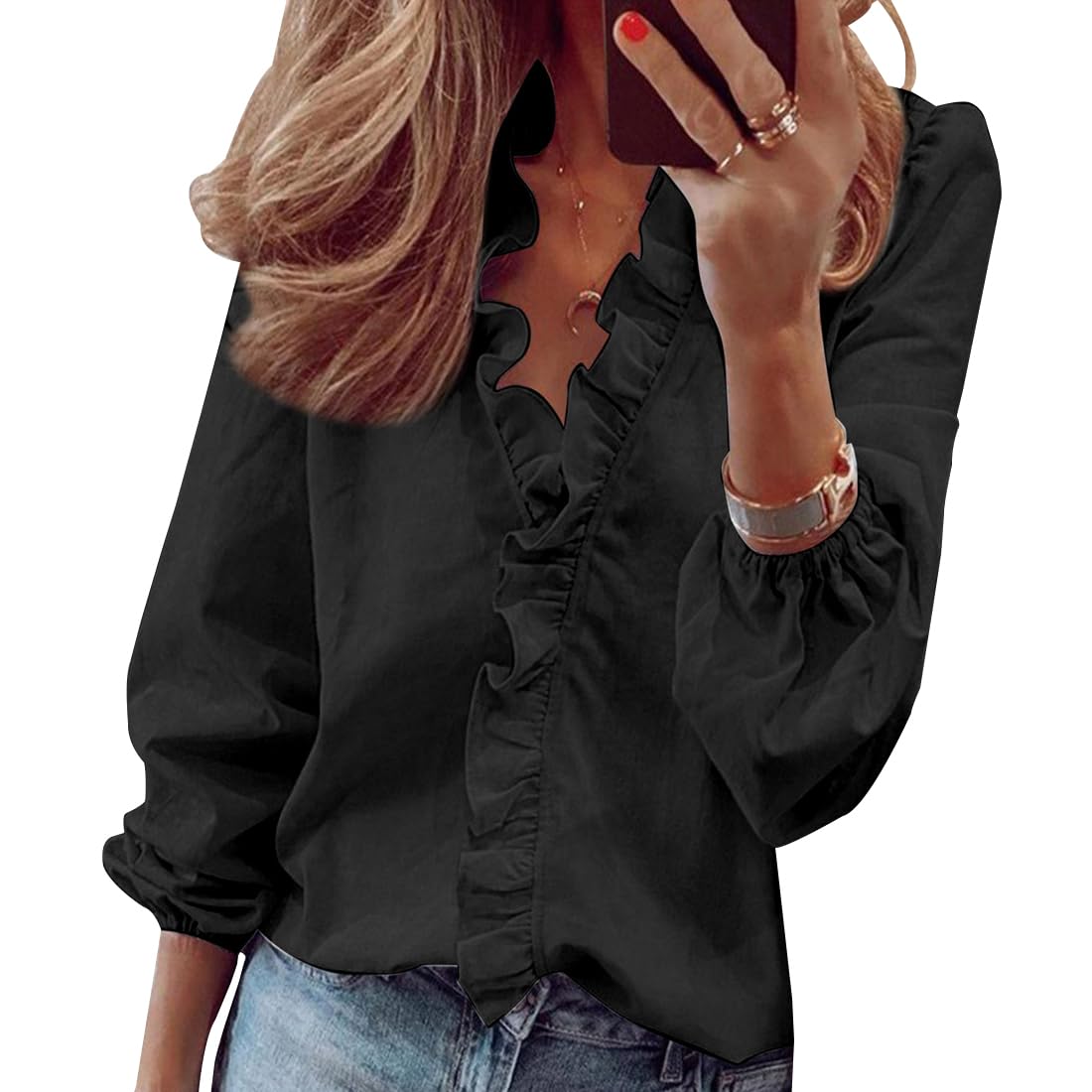 ZOCANIA Ruffled Tops for Women V Neck Ruffle Blouse Long Sleeve Ruffle Shirt Comfort Plus Size Long Sleeve Shirts for Women