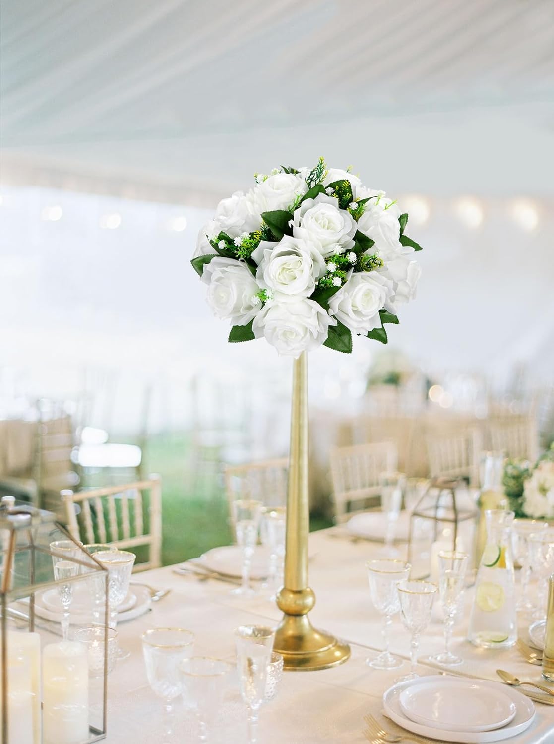Briful Artificial Flower Balls for Table Centerpieces – 2PCS 8.6" Silk Rose Floral Arrangement Fake Floral Bouquet for Wedding Parties Baby Showers DIY Event Home Decor(White)