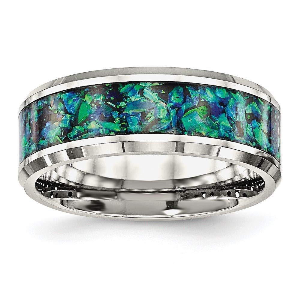 Stainless Steel Blue Imitation Opal Inlay 8mm Wedding Ring Band Man Fashion Jewelry for Dad Mens Gifts for Him