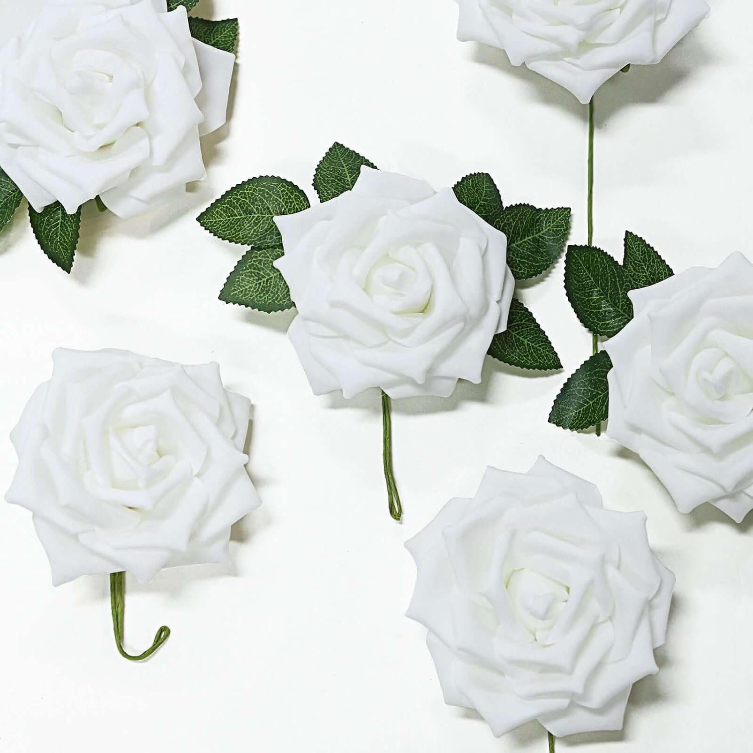 Efavormart Pack of 24 | 5-Inch Large White Artificial Foam Roses with Stems and Leaves, Crisp Real Touch Flowers for Grand Wedding Arches and Backdrops