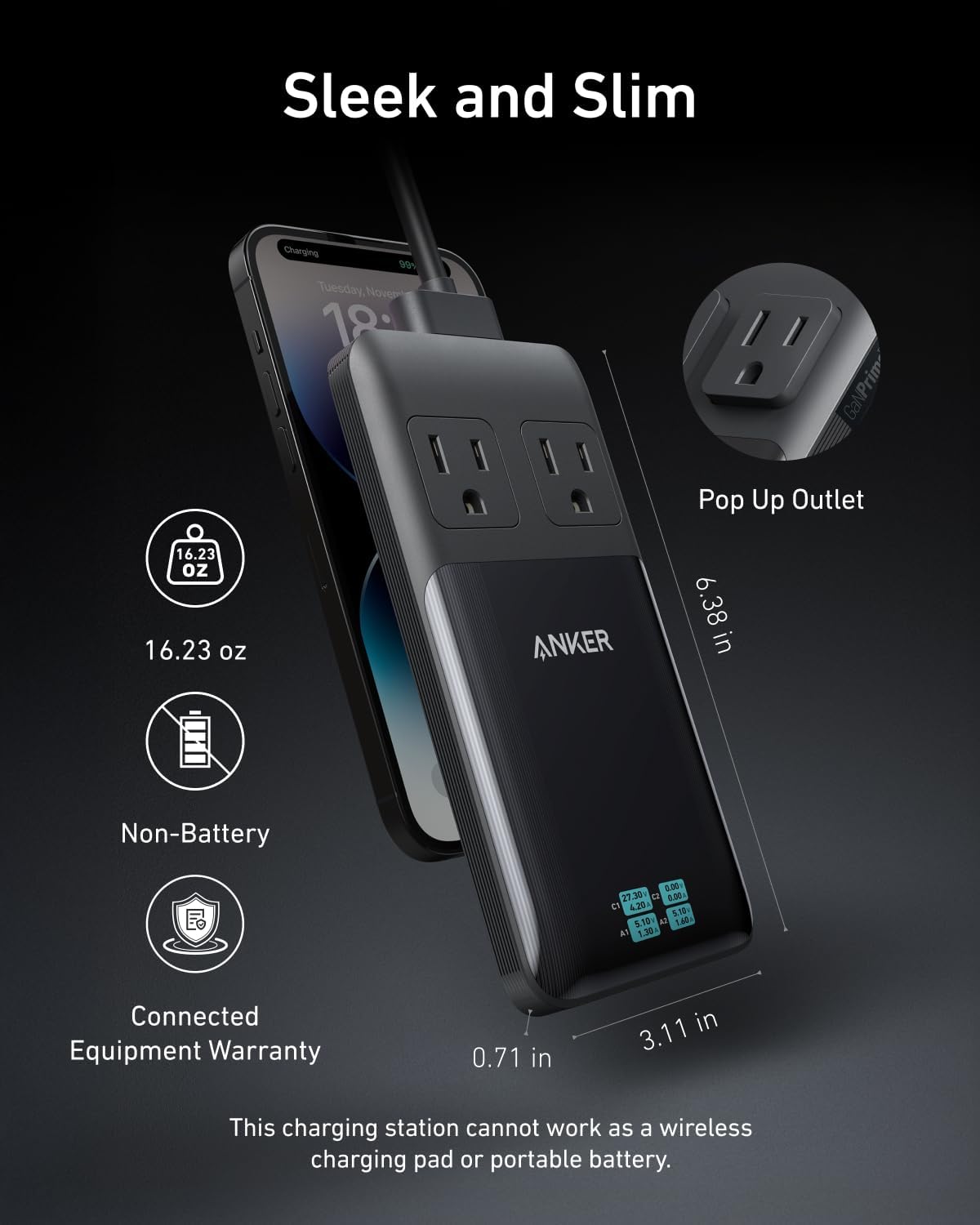 Anker Prime Charging Station, 140W 6-in-1 Travel Power Strip, 5ft Detachable Extension Cord with Multiple Outlets, 2 AC, 2 USB C, 2 USB A, Desk Accessories, Home Office (Non-Battery/Wireless)