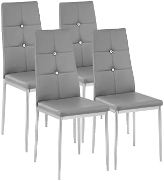TecTake® Silla de Comedor, Asiento y Respaldo Acolchado, Piel Sintética, Piedras Brillantes, Sillas Modernas, Sillas Cocina, Alta Capacidad de Carga, Montaje Rápido - 4 Sillas Gris