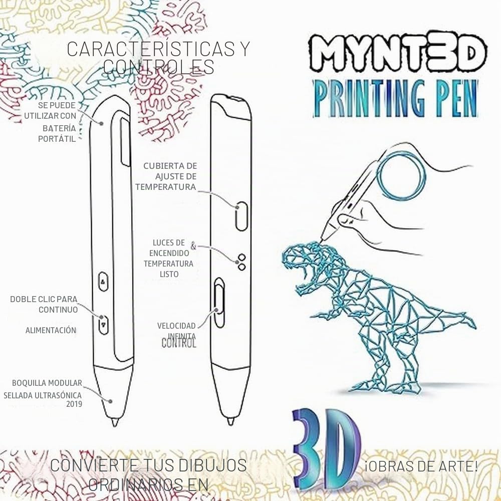 MYNT3D Bolígrafo Super 3D, bolígrafo de impresión 3D compatible con ABS y PLA de 1,75 mm