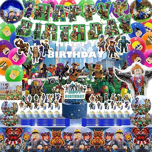 Birthday Party Decorations - Theme Childrens Party Supplies Included Happy Birthday Banner Backdrop Hanging Swirls Tablecloth Cupcake Cake Toppers Tableware set Latex and Foil Balloons