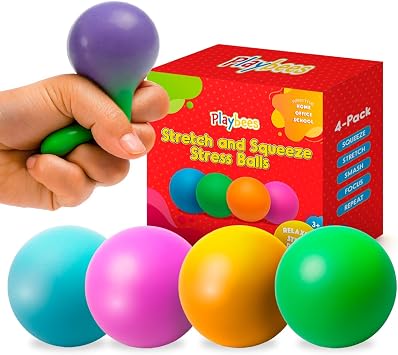 Playbees Pull, Stretch & Squeeze Stress Balls 4 Balls Elastic Sensory Balls for Stress & Anxiety Relief Calming Fidgets for Kids & Adults Assorted Color Balls for Autism, ADHD & Classroom Use