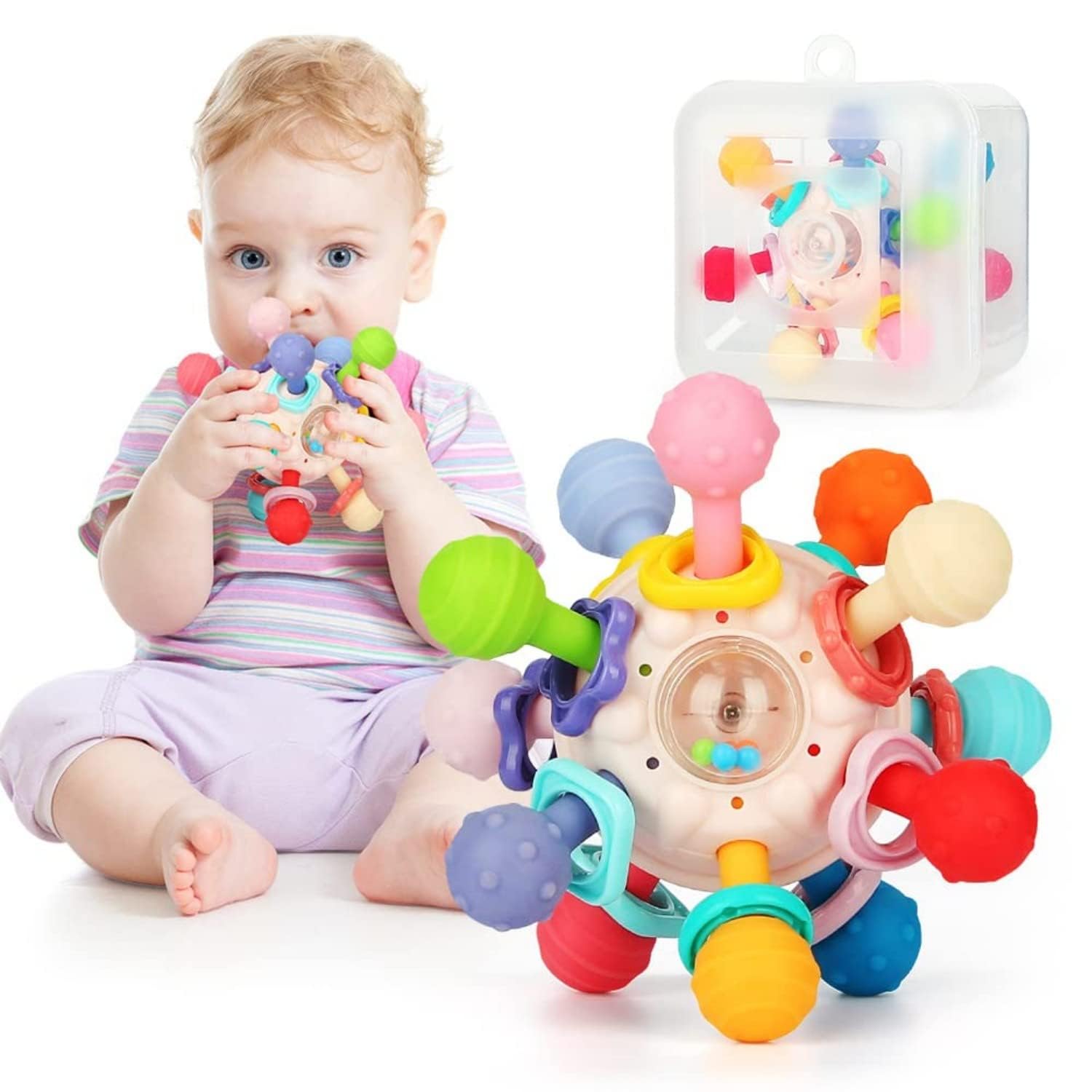 Baby Teething Toys, ألعاب تسنين, Sensory Teether Toys, Newborn Chew Teething Ball Rattle Teethers Toys Grasping Activities Baby Gift for 0 3 6 9 12 Months Girls& Boys