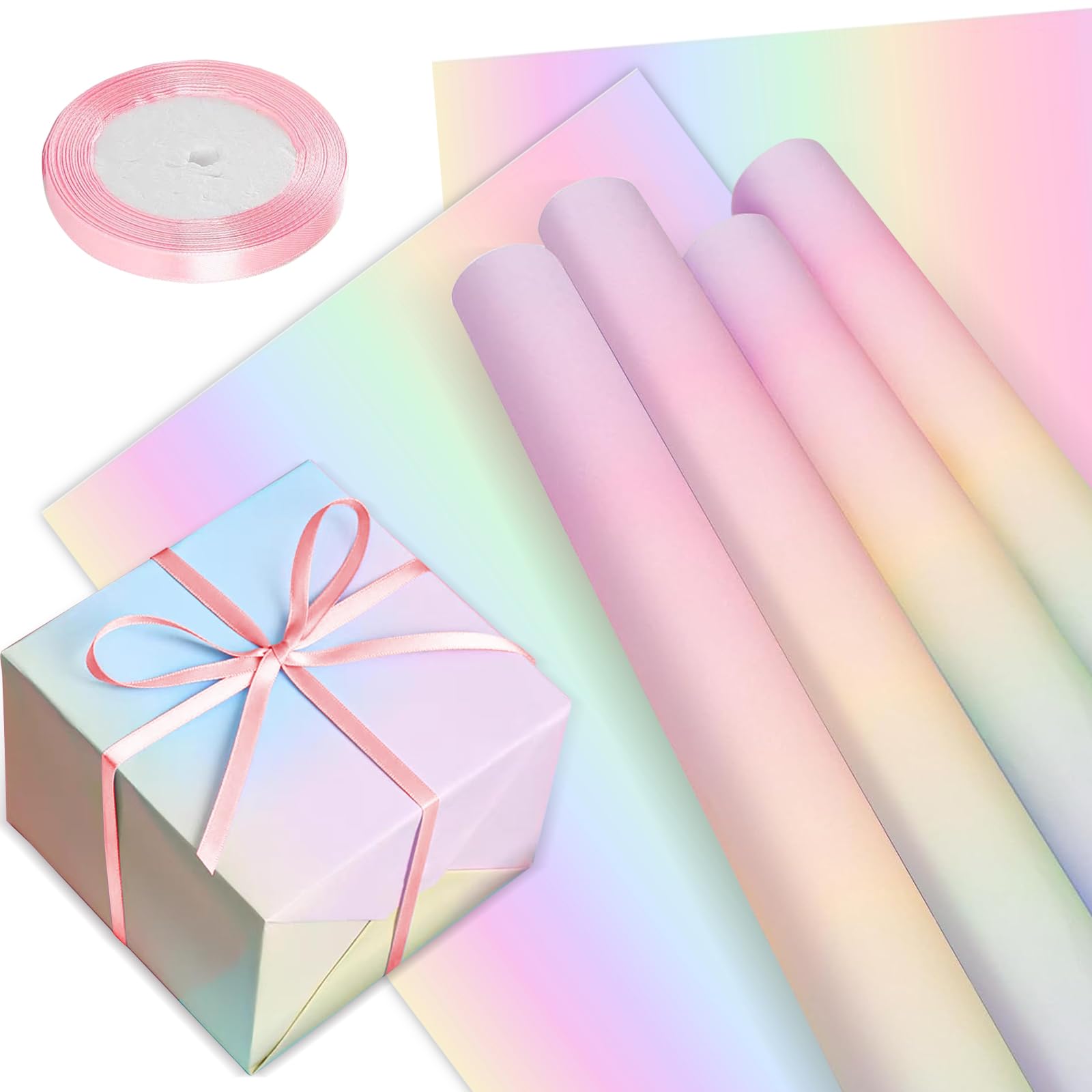 Brthday Wrapping Paper Set, 8PCS Rainbow Gradient Colour Gift Birthday Wrapping Paper, 50 x 70CM Recyclable Gift Wrap Paper with Satin Ribbon for Wedding Birthdays Valentines