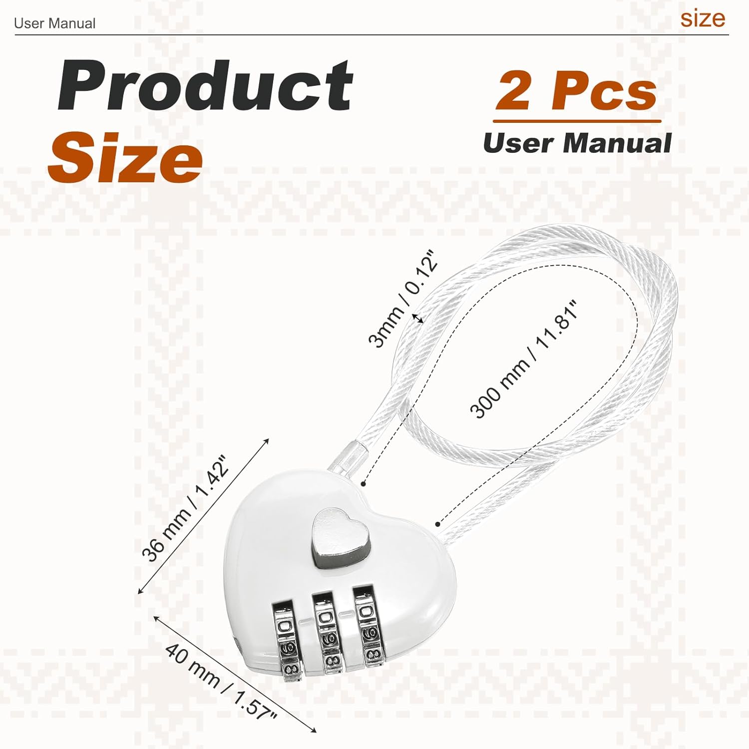 PATIKIL Heart Shaped Combination Padlock (11.8 Inch, White)(2 Pcs), 3-Digit Combo Padlock Love Locks with Steel Wire Rope, Suit for Gym Locker/Fence/Storage/Backpack/Toolbox