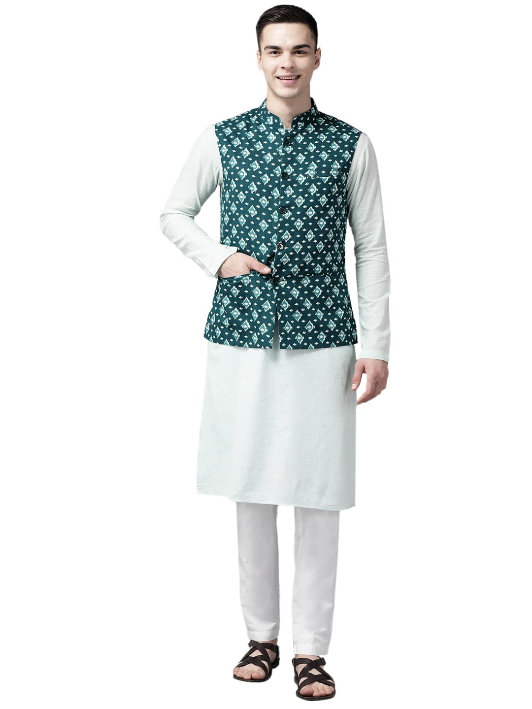 see designs See DesignsMen Teal Blue & Beige Printed Pure Cotton Nehru jacket-picture-28