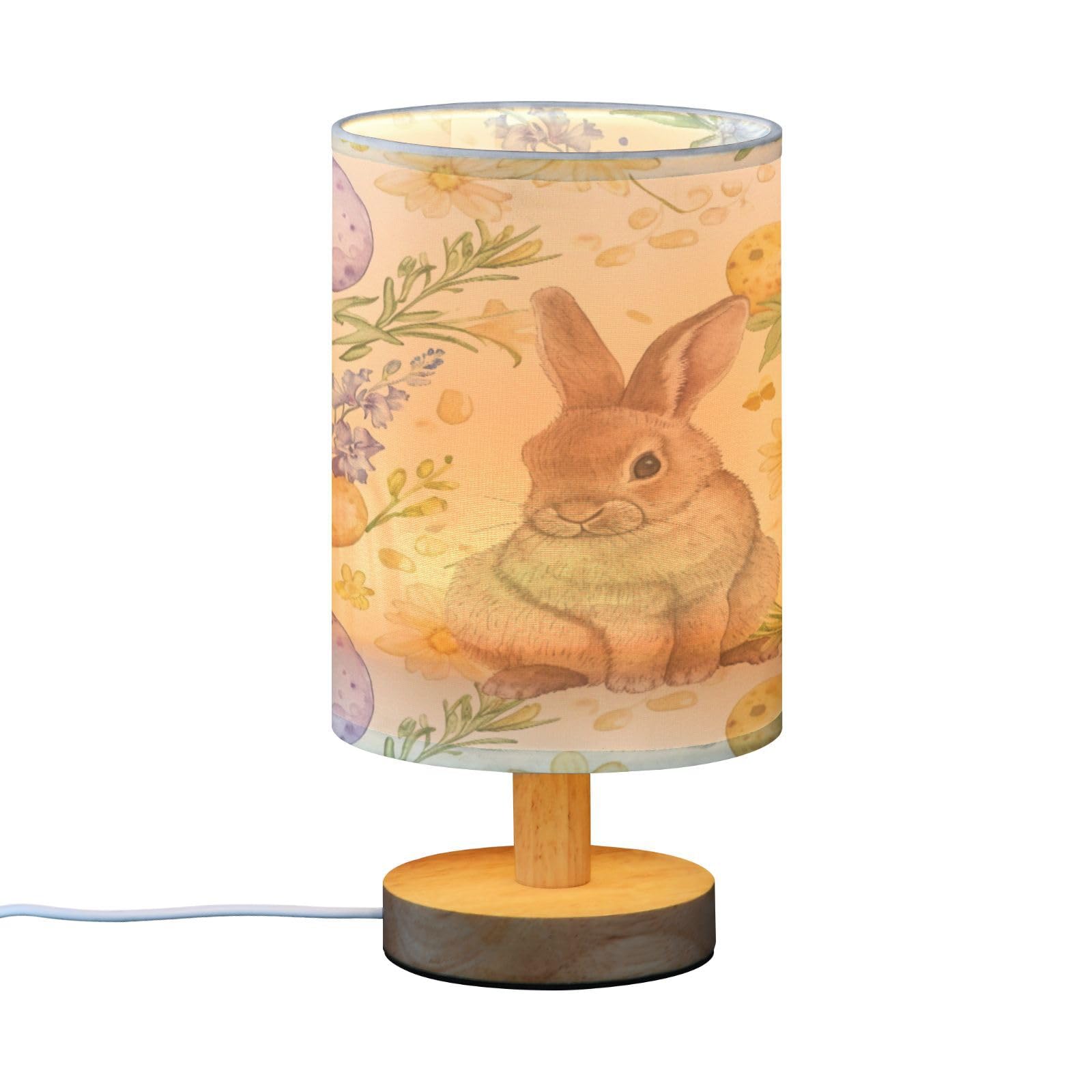 SDMKA Watercolor Brown Bunny Bedside Table Lamp for Bedroom, Minimalist Nightstand Lamp with Round Fabric Shade for Living Room, Office, No Bulb Required