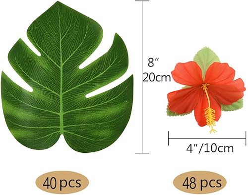Miniatura 2 de KUUQA 88 piezas de hojas de palma tropicales de 8 pulgadas y flores de hibisco de seda para decoración de fiestas, plantas artificiales de Monstera
