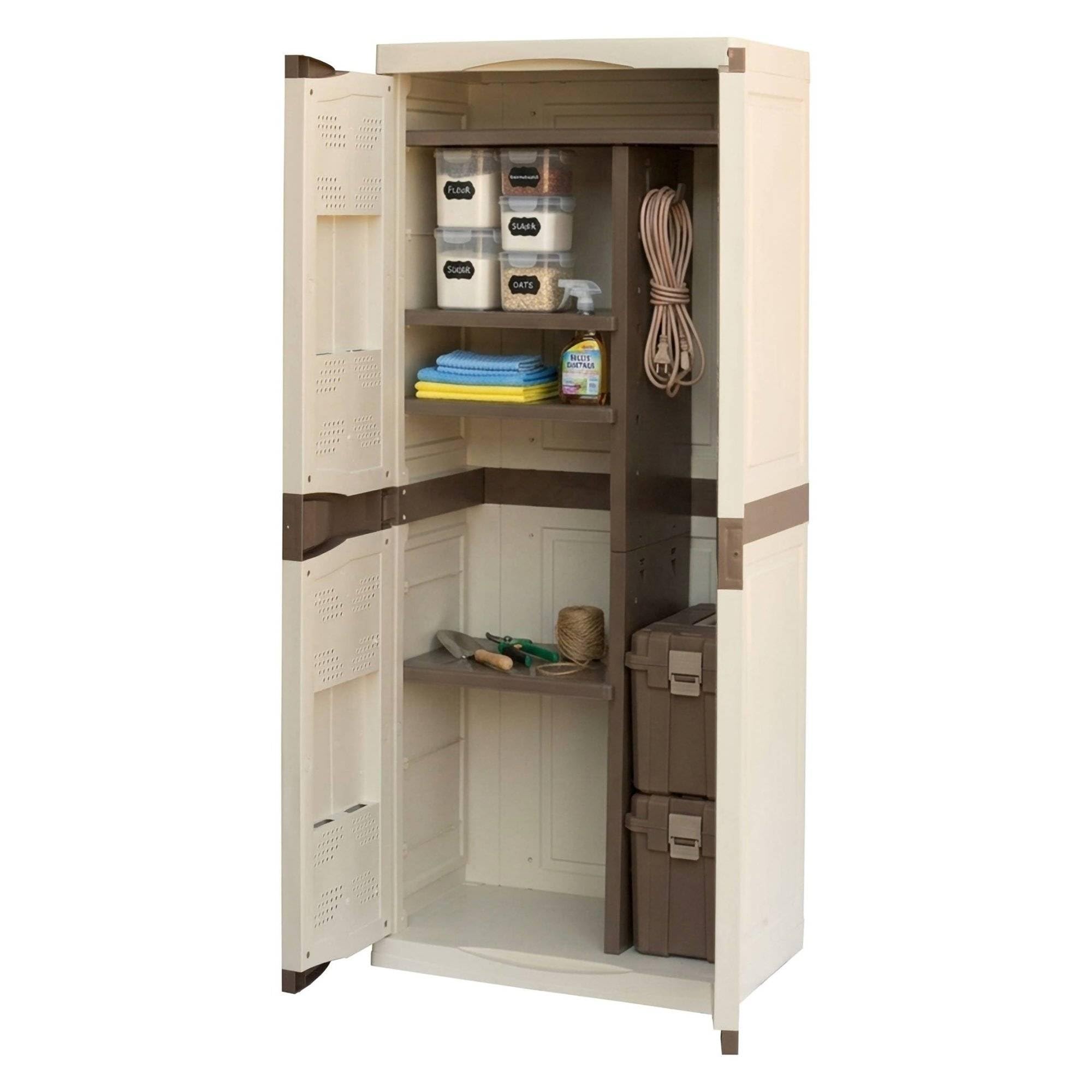 Dmora - Armadio da esterno Avelgem, Armadio balcone multiuso, Mobile porta scope 2 ante, 100% Made in Italy, 70x47h178 cm, Beige e Marrone, Finitura elegante