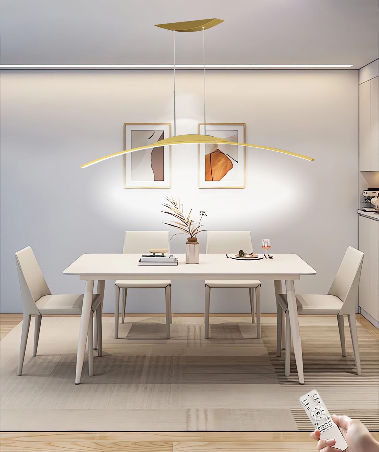 JINGKER LED Pendant Lights Modern Creative Chandelier Dining Table Curved Design Pendant lamp Height Adjustable Chandelier forBar Counter Study Dining Room (Gold, L100CM)