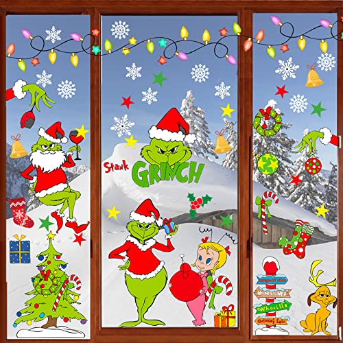 153 PCS Christmas Window Stickers, 9 Sheets Reusable PVC Stickers - Grinch Christmas Decorations Transform Your Home into a Winter Wonderland