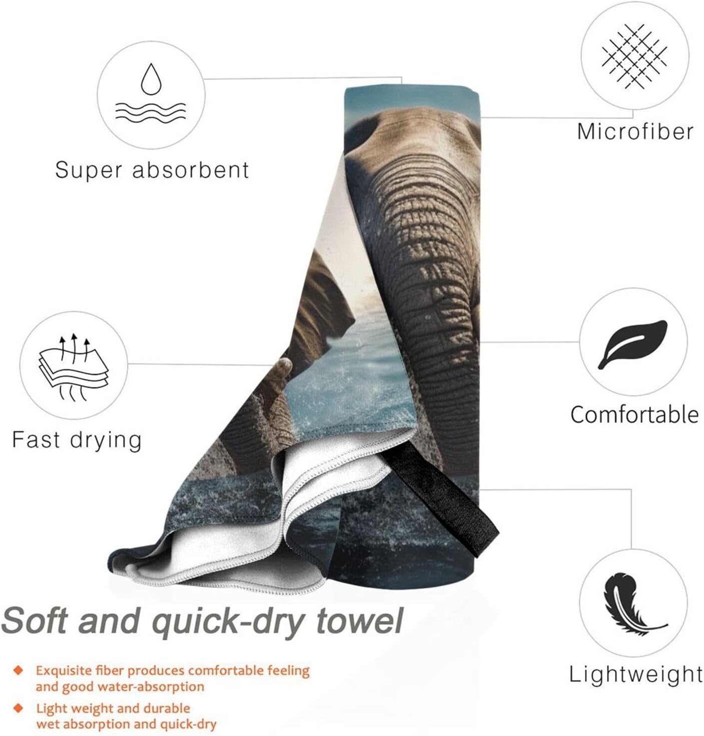 Swimming African Elephant Printed Microfiber Travel Towel,Camping Towel,Quick Dry,Soft Lightweight for Gym,Hiking,Yoga,Backpacking