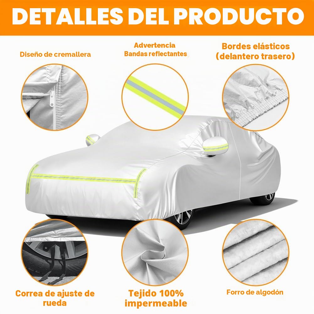 Funda de Coche, Anti-UV Resistente al Polvo Rasguño Nieve Sol al Aire Libre, Funda Protectora para Coche Universal con Bolsa de Almacenamiento, Forro Algodón & Diseño con Cremallera Lateral