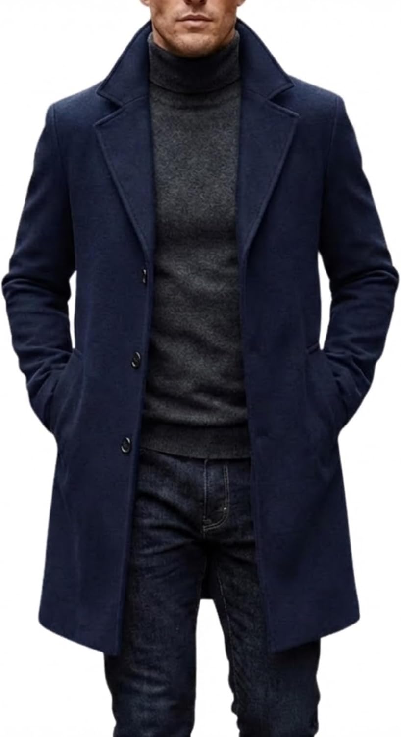 SBL SOUTH BEACH LEATHER Men's Wool Blend Pea Coat Single Breasted Casual Trench Coat Slim Fit Winter Warm Overcoat