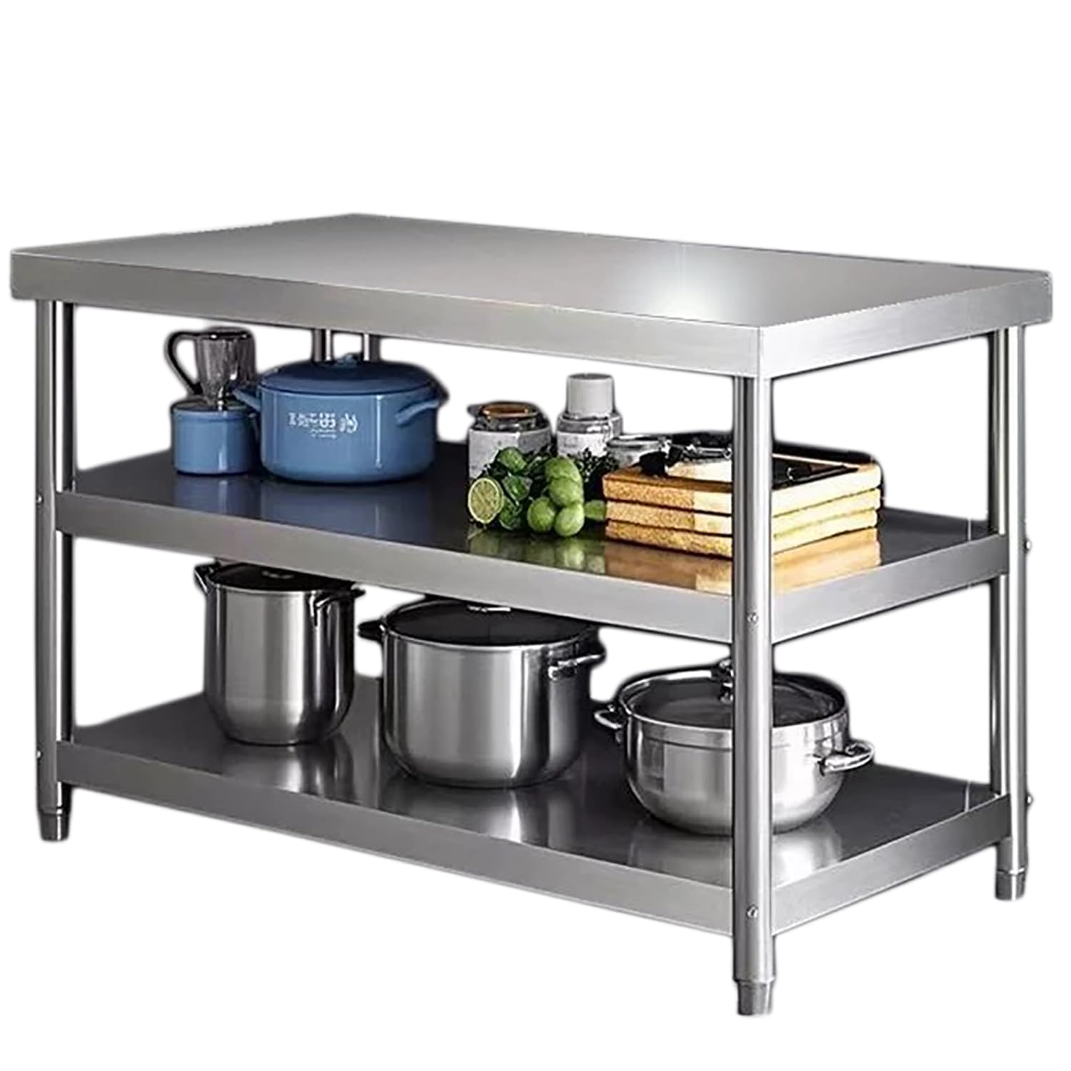 Mesa De Trabajo Inoxidable De 3 Niveles, Mesada Cocina Inoxidable Profesional Mesa De Preparación De Alimentos Isla Cocina Comercial Carga 200 Kg para Restaurante Panadería,120x50x80cm