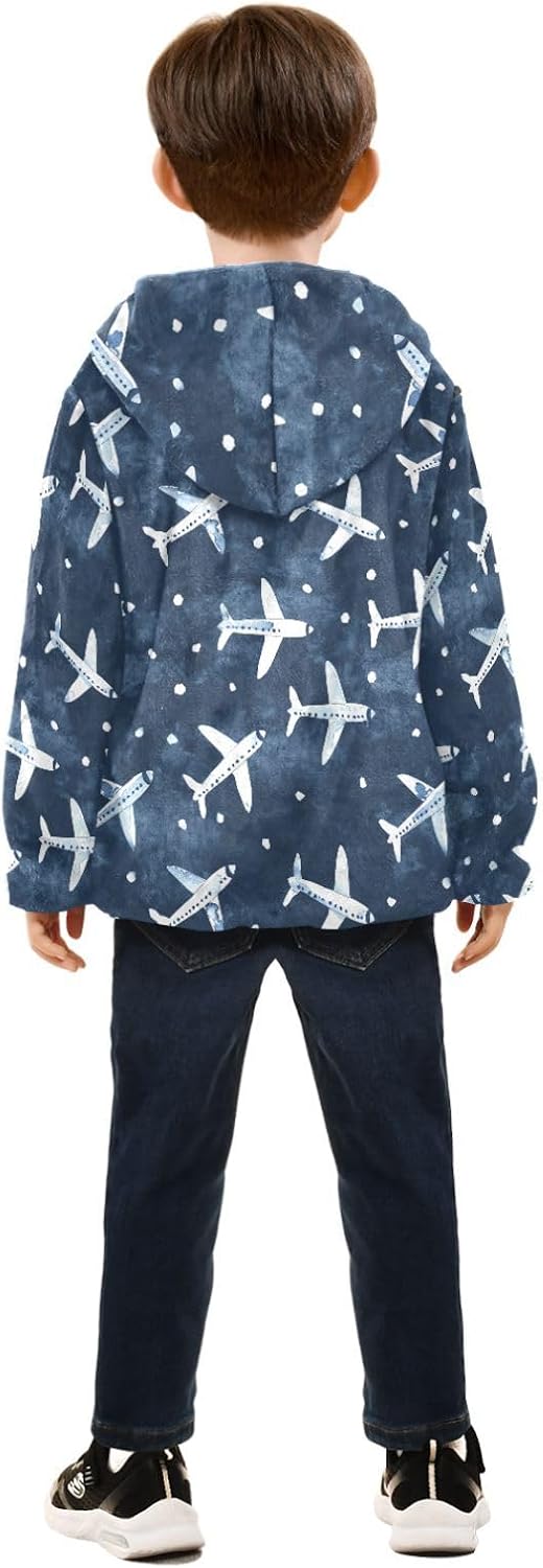 Watercolor Airplane Dark Blue Toddler Winter Jackets Children Dress Coat Navy Blue Baby Boys Hoodie 3T