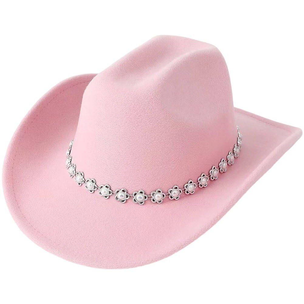 Sofezdo Adult Cowboy Hat Wide Brim Cowgirl Hat with Pearl Flower Embellished Sun Protection Derby Hat for Travel Vacation Carnival
