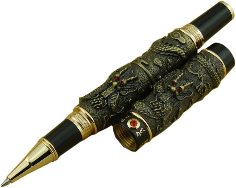 Lanxivi® Jinhao Rollerball Pen Gray Yellow Color Double Dragon Playing Pearl Wooden Gift Box