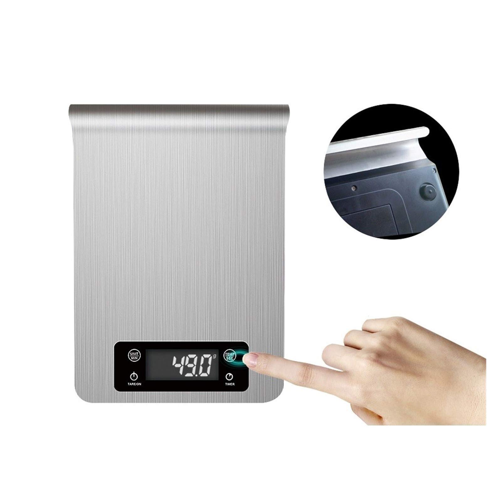 Báscula de Cocina Digital multifunción de Acero Inoxidable, Plataforma Grande y Pantalla retroiluminada, 1 g-5 kg/11 LB/Plata