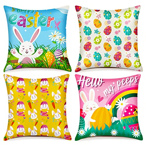 Easter Pillow Covers 18X18 Set Of 4 Cartoon Easter Bunny Eggs Throw Pillow Covers Hello My Peeps Easter Throw Pillow Case Colorful Rabbit Pillow Cushion Case Happy Easter Decor For Home Bed Couch Sofa #TOP21