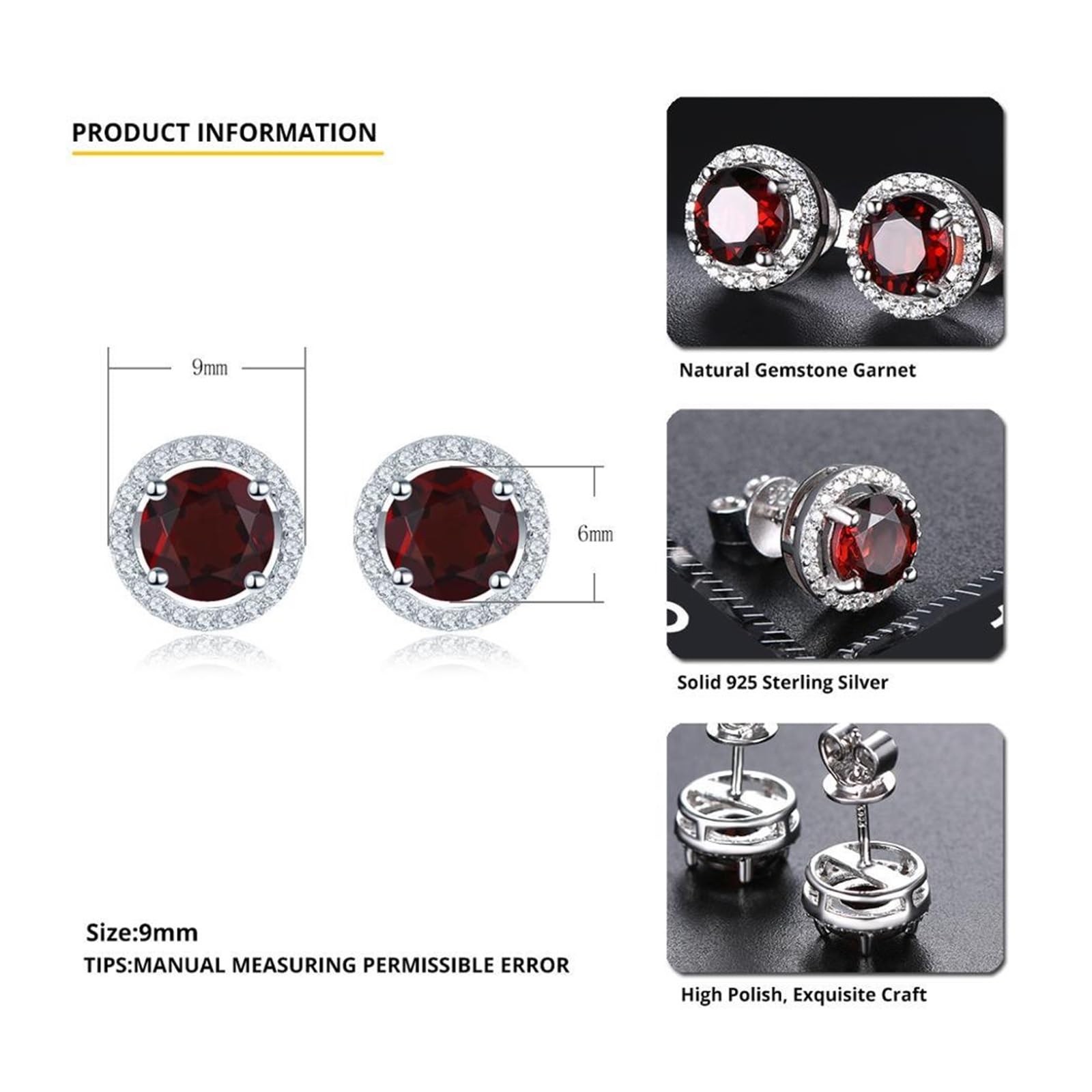 BAFAFA Orecchini a bottone in argento 925 con granato rotondo Pietra preziosa rossa naturale Solido argento sterling 925 Gioielli con zirconi cubici for le donne