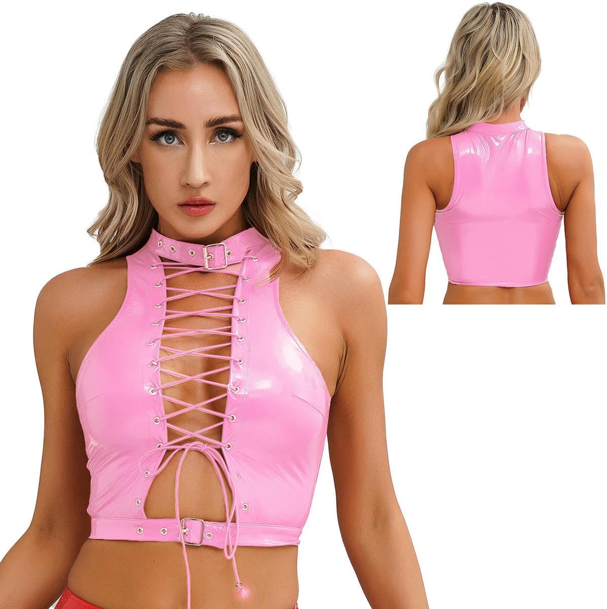 Womens Patent Leather Corset Crop Top Hollow Out Eyelet Lace-Up Clothes Costumes Pink