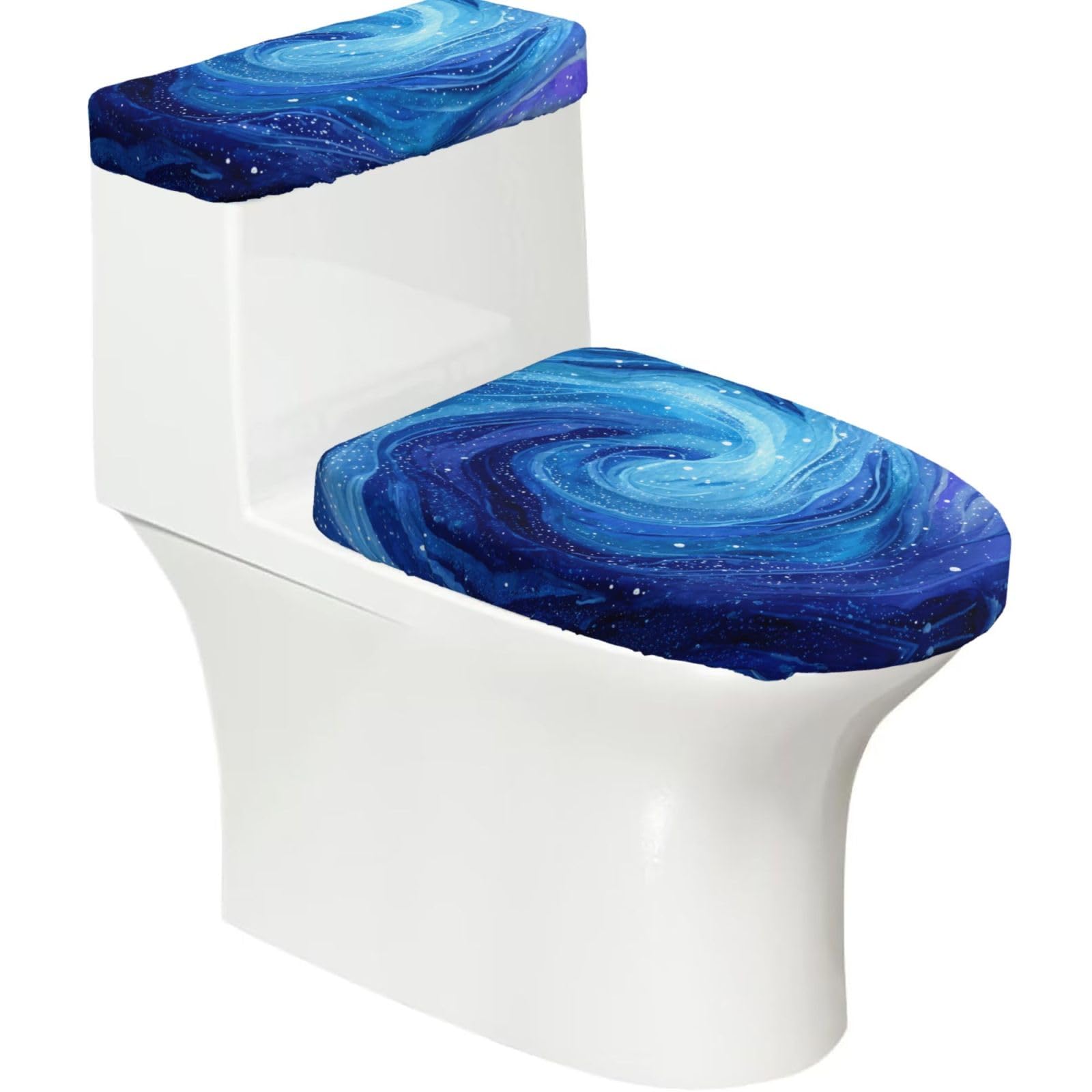 Wzycwb Black Blue Ocean Vortex 2-Piece Toilet Seat Cover Set With Tank Lid, Elastic Fit For U-Shape & Elongated Toilets, Bathroom Decor, Housewarming Gift
