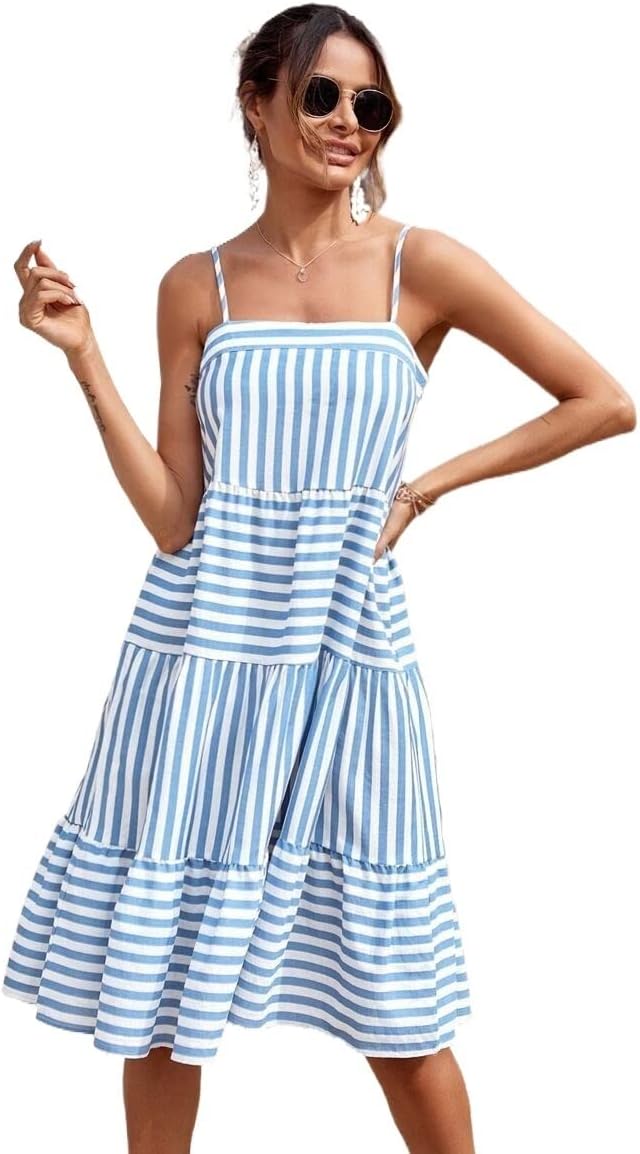Amazon.com: bofaaa Vestido de tirantes a rayas con dobladillo con volantes  para mujer (color: azul y blanco, tamaño: S) : Ropa, Zapatos y Joyería