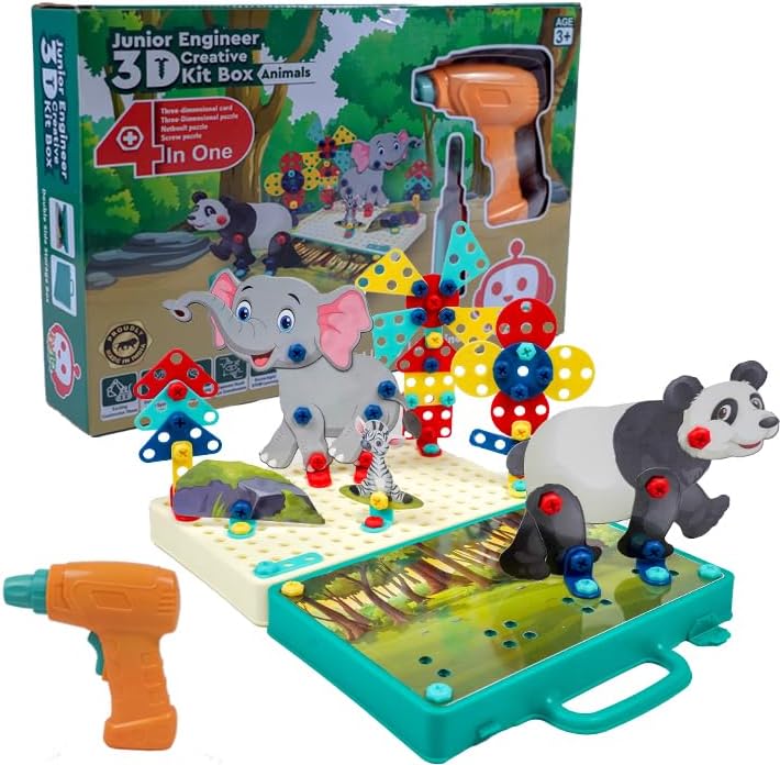Junior Engineer 3D Creative Animals Kit – 4 in 1 DIY Building Toy with Electric Drill, Screw Puzzle Board Game for Kids Boys & Girls Age 3+ | STEM Learning Construction Set